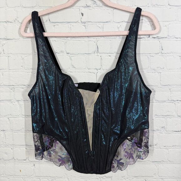 Savage X Fenty Corset Women Size Plus 1X Black Purple Silver Sheer Side Gothic - Picture 1 of 10